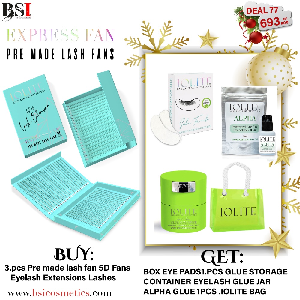 Deal 77: Buy 3pcs Iolite Premade Fan Lashes & Get FREE Alpha Lash Glue, Eye Patch, Beach Bag + Glue storage Box