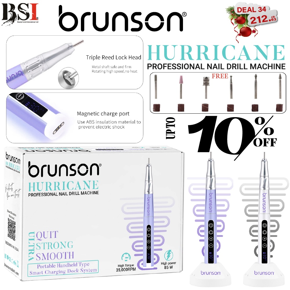 Deal 34: 10% OFF Brunson Hurricane Portable Nail Drill Machine + 1-Year Warranty & Drill Bits