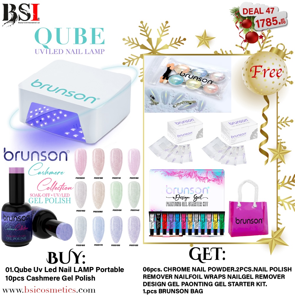 Deal 47: Buy Brunson Portable Nail UV/LED Lamp + 10pcs Brunson Cashmere Gel Polish and Get Free 2 Gel Remover Pad & 1 Chrome Powder Kit + 1 full set Designer Gel Set + Beach bag