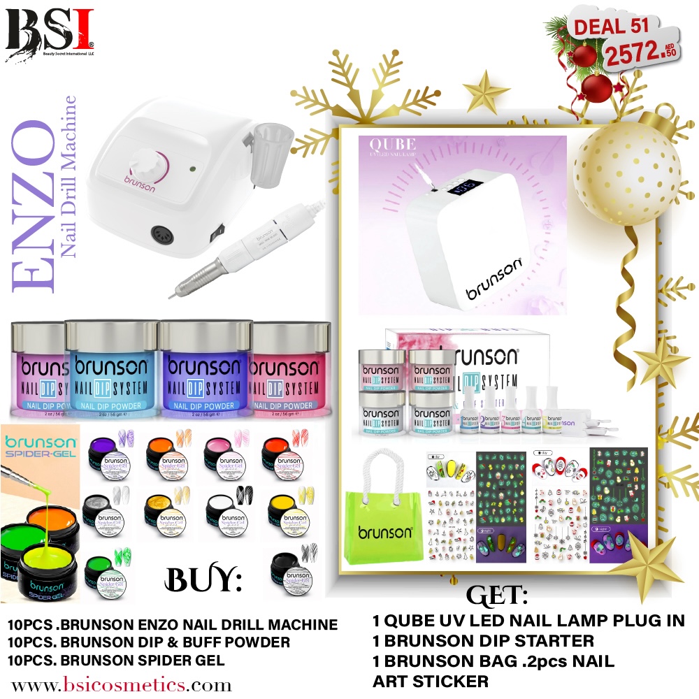 Deal 51: Buy Brunson Nail Drill Machine Enzo + 10 Nail Dip Powders & 10 Spider Gels, Get FREE Qube UV/LED Nail Lamp + Full Dip Powder Kit & 2 pcs Christmas Nail Art Stickers