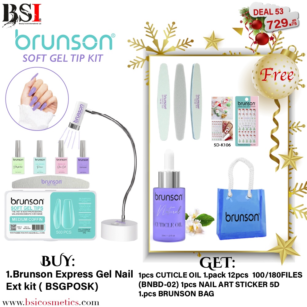 Deal 53: Buy Brunson Soft Gel Kit + Lamp & Get FREE Cuticle Oil, Beach Bag & 2-in-1 Buffer + Nail Art Sticker