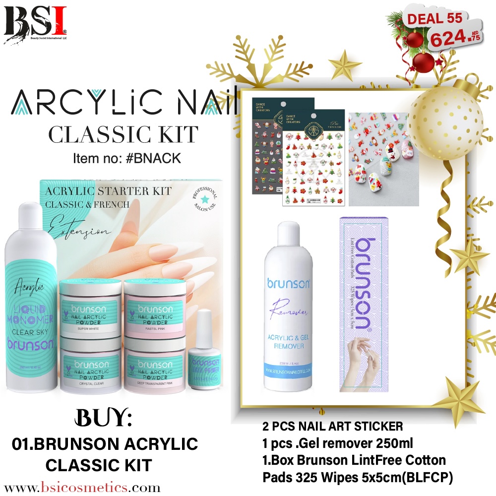 Deal 55: Buy Brunson Professional Nail Acrylic Classic Kit + FREE Acrylic & Gel Remover + Lint-Free Cotton Pads + Christmas Nail Art Stickers