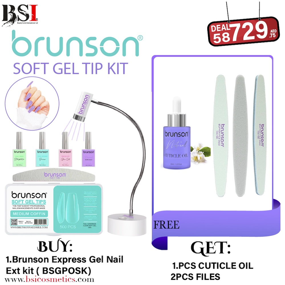Deal 58: Buy Brunson Soft Gel Kit + Lamp & Get FREE Cuticle Oil, Beach Bag & 2-in-1 Buffer + Nail Art Sticker