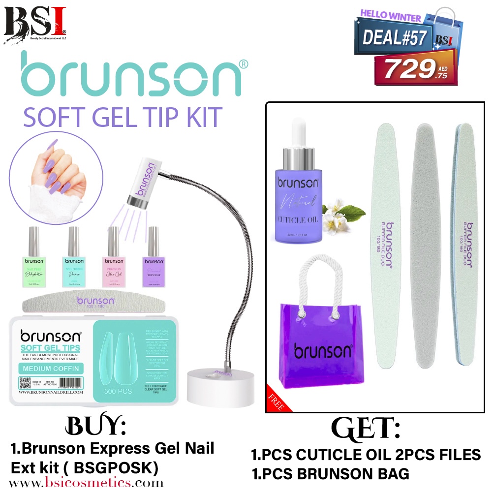 Deal 57: Buy Brunson Soft Gel Kit + Lamp & Get FREE Cuticle Oil, Beach Bag & 2-in-1 Buffer