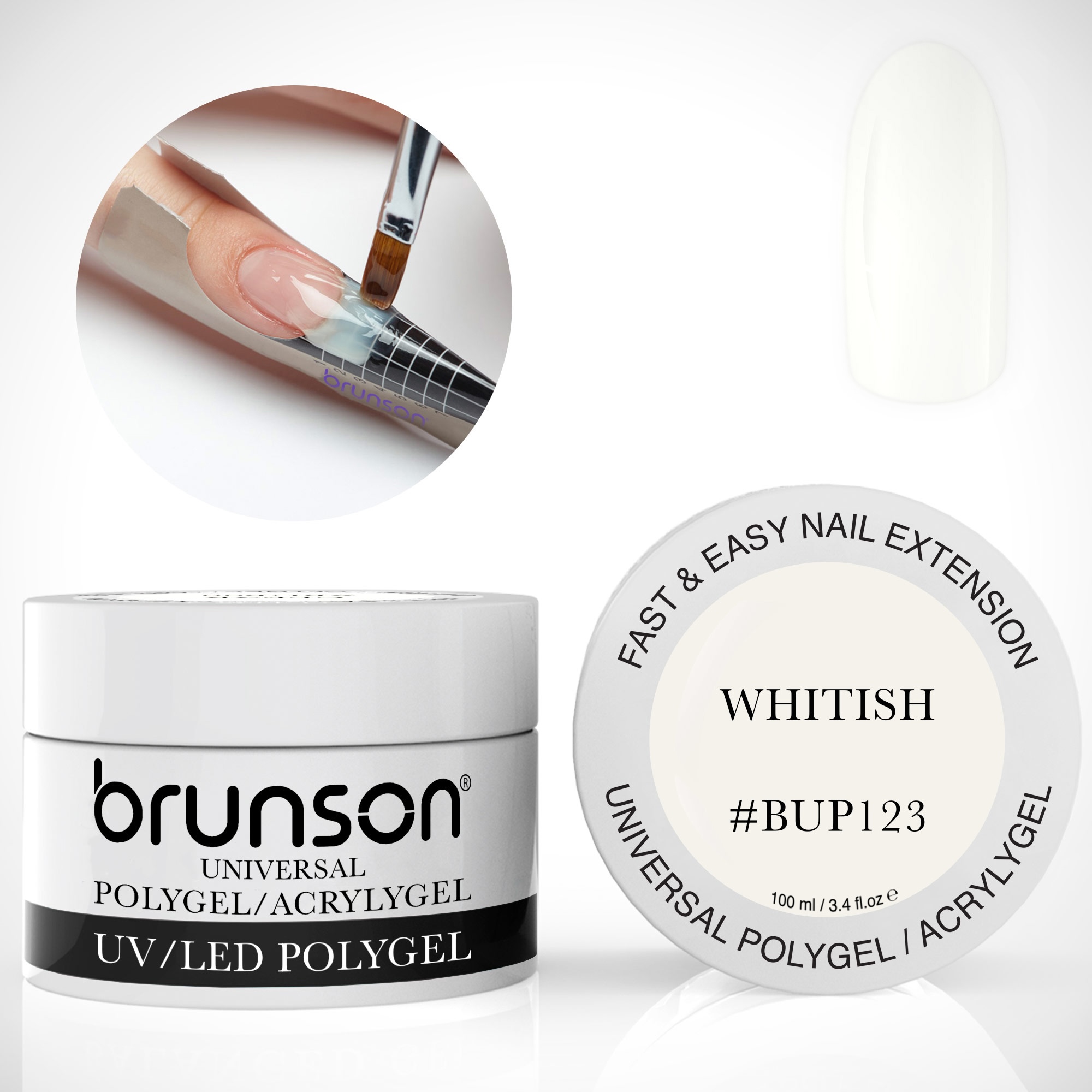 Brunson Universal Polygel 100ml (Whitish) – Long-Lasting Acrylic Gel for Nail Extensions | Fast-Cure, Non-Lifting, Lightweight Formula | UV/LED Nail Extension Gel BUP123
