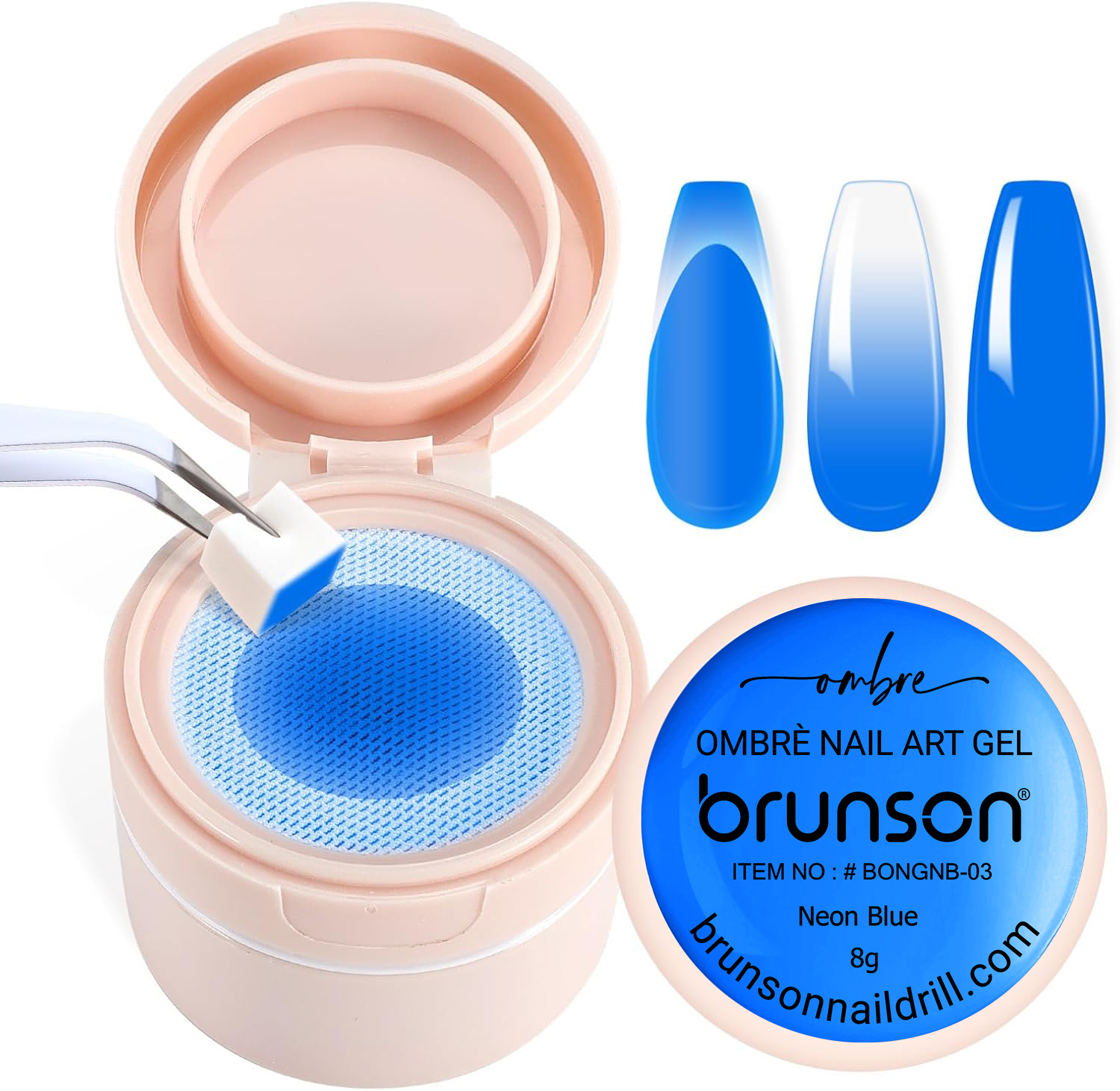 Brunson 2-in-1 Cushion Patting Ombre Nail Art Gel 8gm (Neon Blue) – UV/LED Gel for Gradient, French, and Artistic Nail Designs with Sponge & Brush Application BONGNB-03