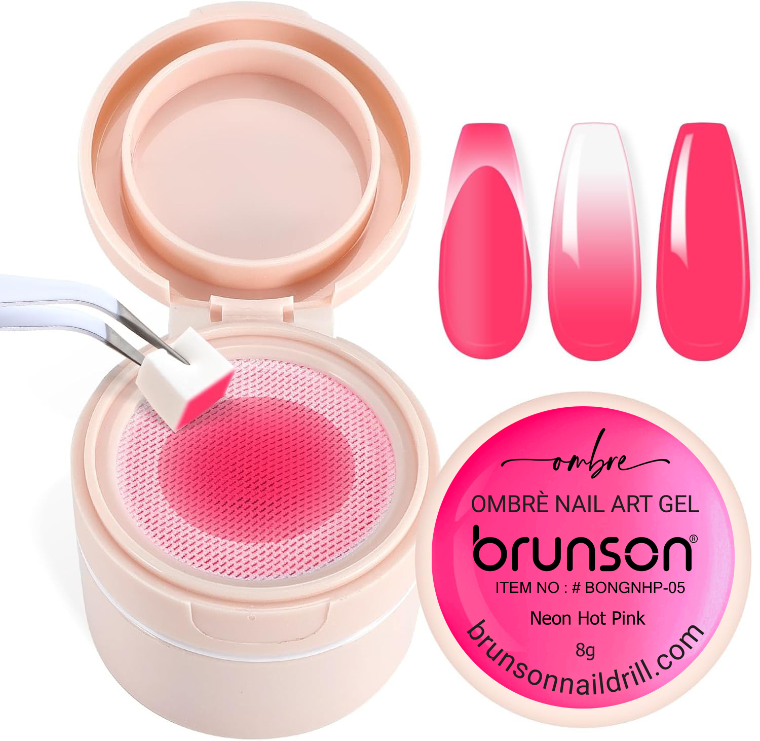 Brunson 2-in-1 Cushion Patting Ombre Nail Art Gel 8gm (Neon Hot Pink) – UV/LED Gel for Gradient, French, and Artistic Nail Designs with Sponge & Brush Application BONGNHP-05