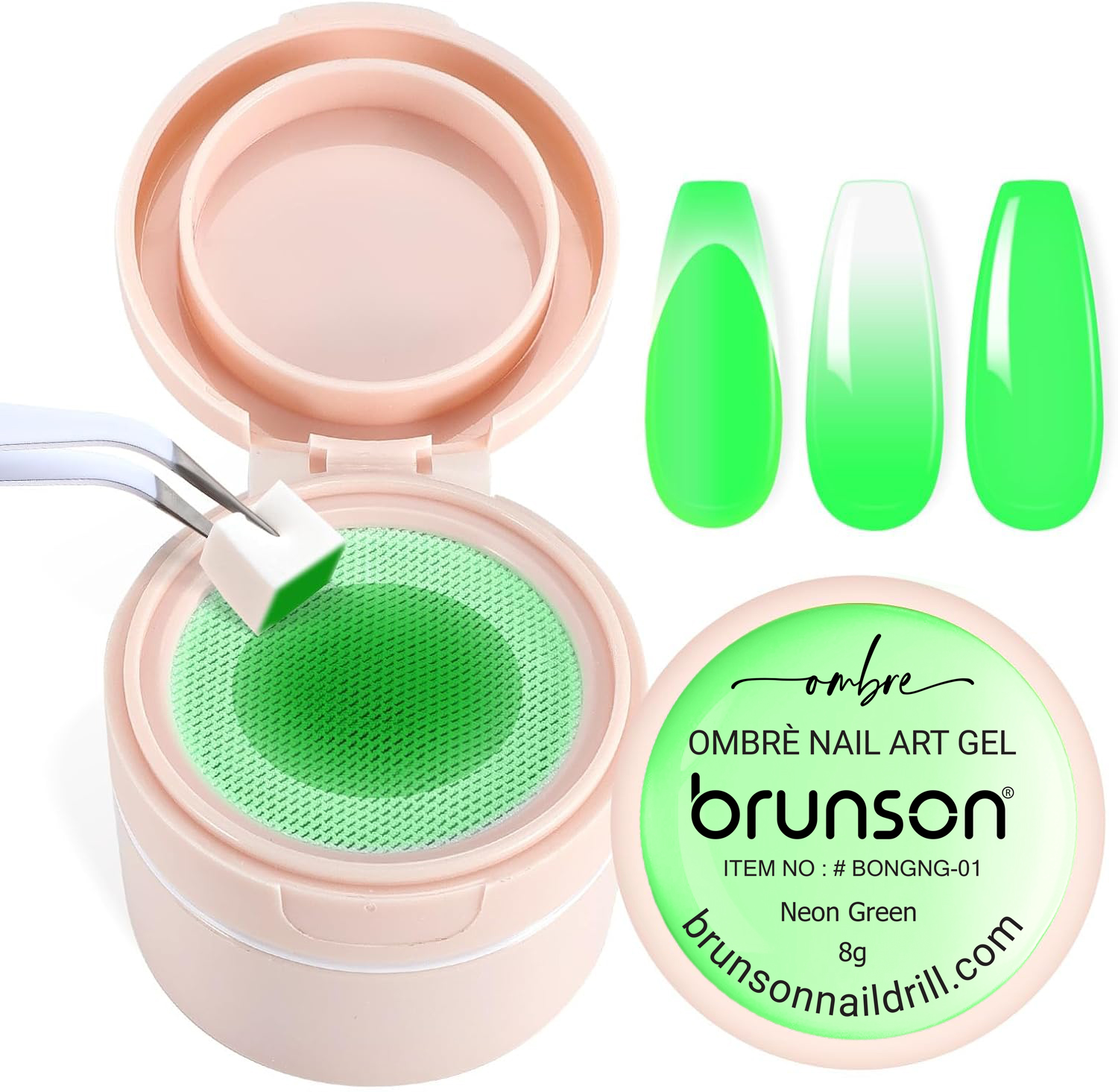 Brunson 2-in-1 Cushion Patting Ombre Nail Art Gel 8gm (Neon Green) – UV/LED Gel for Gradient, French, and Artistic Nail Designs with Sponge & Brush Application BONGNG-01