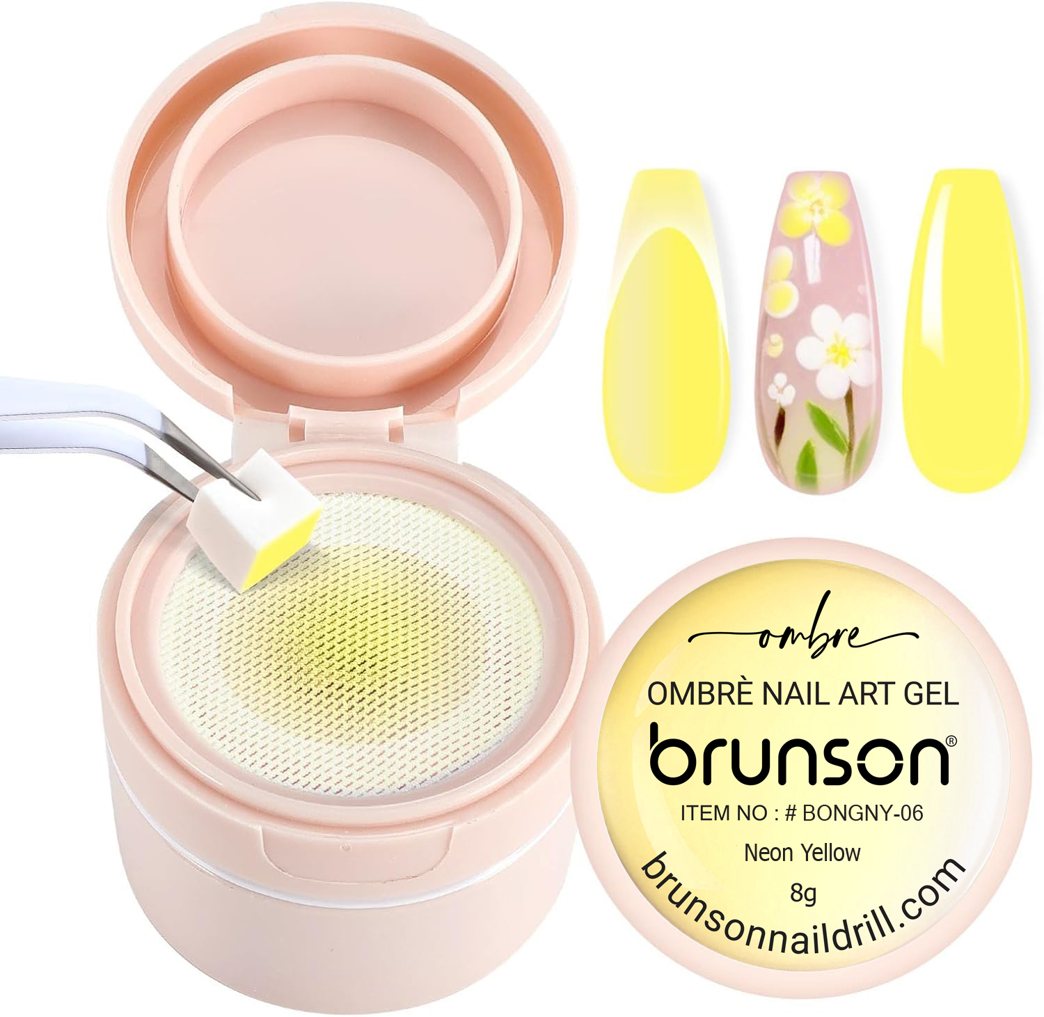 Brunson 2-in-1 Cushion Patting Ombre Nail Art Gel 8gm (Neon Yellow) – UV/LED Gel for Gradient, French, and Artistic Nail Designs with Sponge & Brush Application BONGNY-06