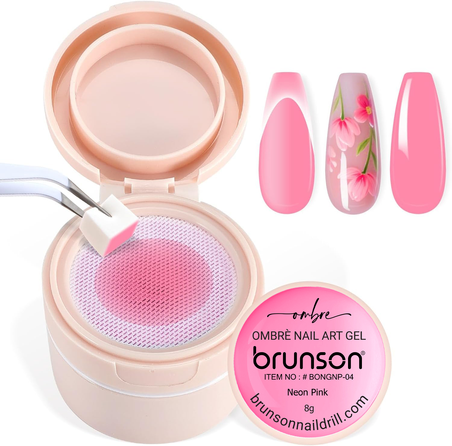 Brunson 2-in-1 Cushion Patting Ombre Nail Art Gel 8gm (Neon Pink) – UV/LED Gel for Gradient, French, and Artistic Nail Designs with Sponge & Brush Application BONGNP-04