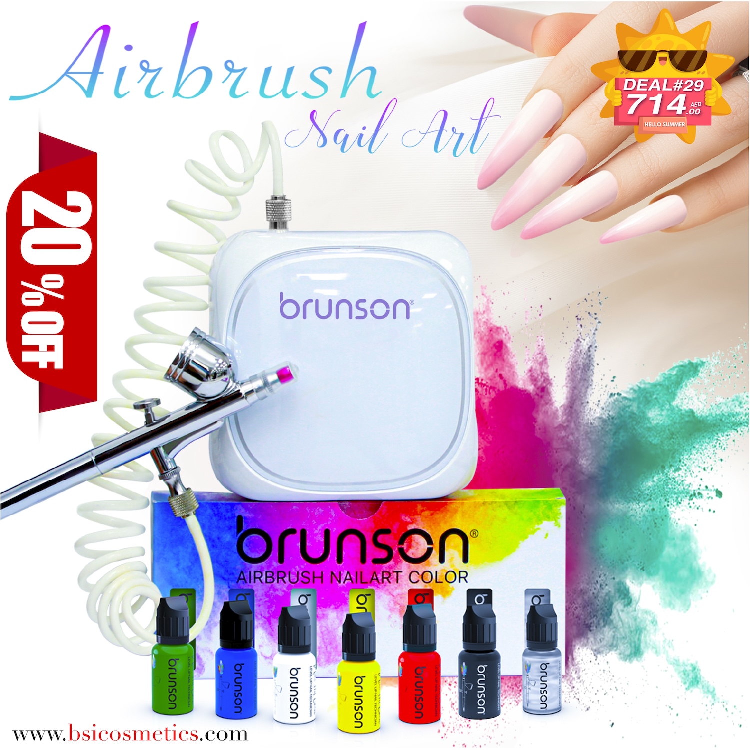 Deal 29: 20% OFF Brunson Airbrush Kit with Machine & Colors – Nail Art Professional