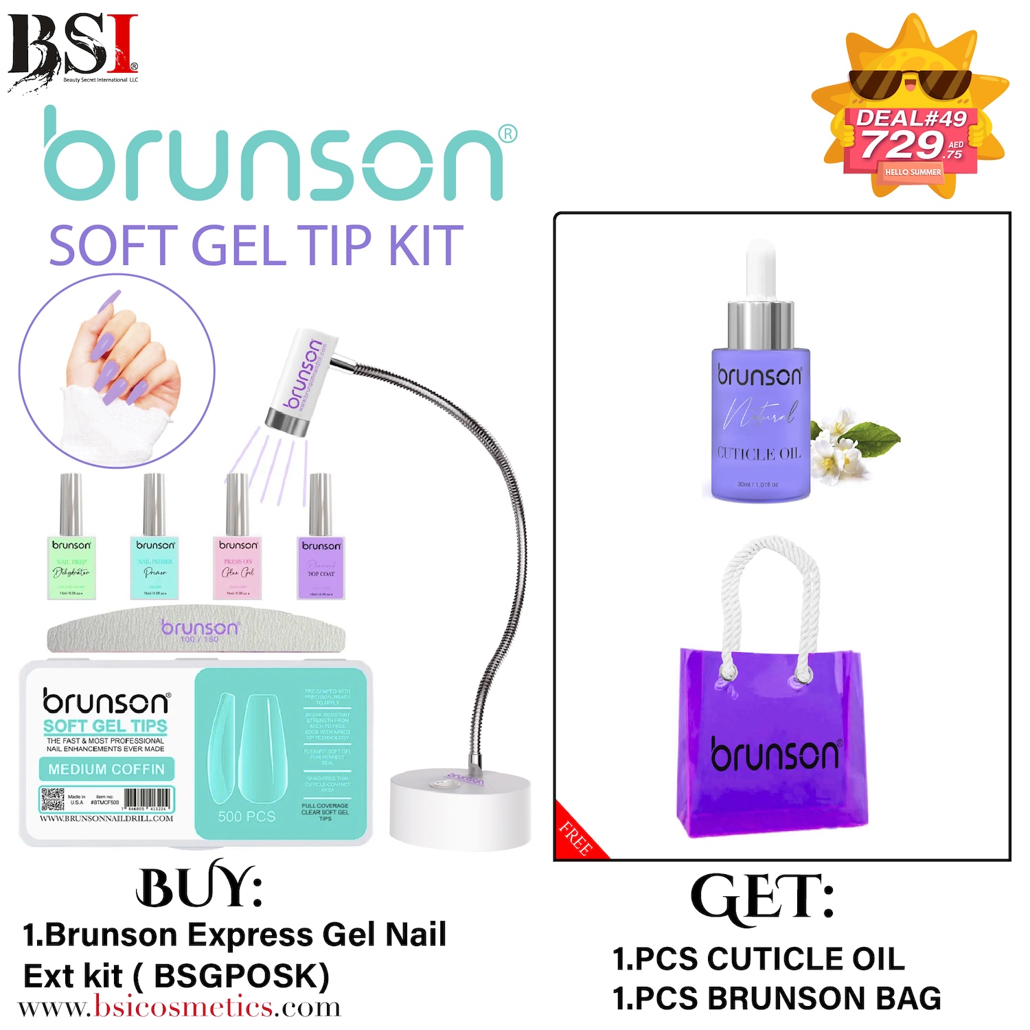 Deal 49: Buy Brunson Soft Gel Kit + Lamp & Get FREE Cuticle Oil, Beach Bag