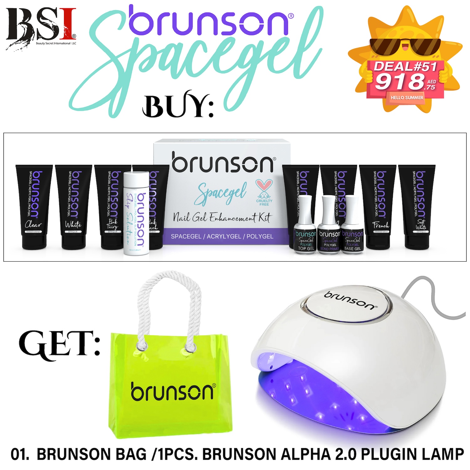 Deal 51: Buy Brunson Polygel Nail Kit & Get FREE Beach Bag + UV/LED Alpha Lamp +Beach Bag